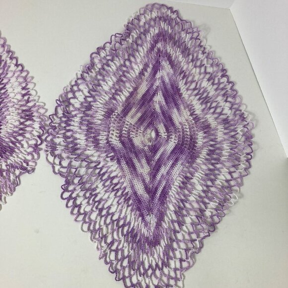 2 Purple White Crocheted Diamond Shaped Doilies - Picture 3 of 6